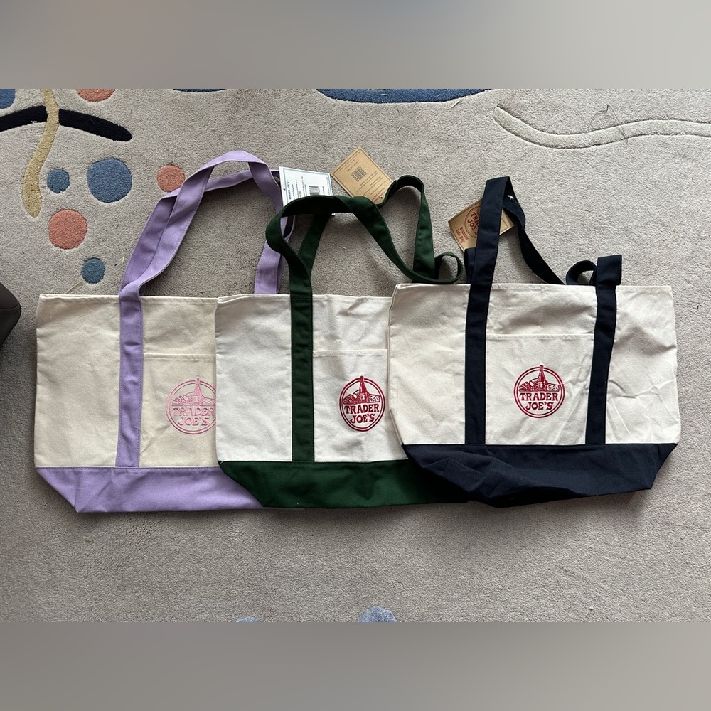 Trader Joe’s large Canvas Tote Bag bundle- Blue, Green and lavender